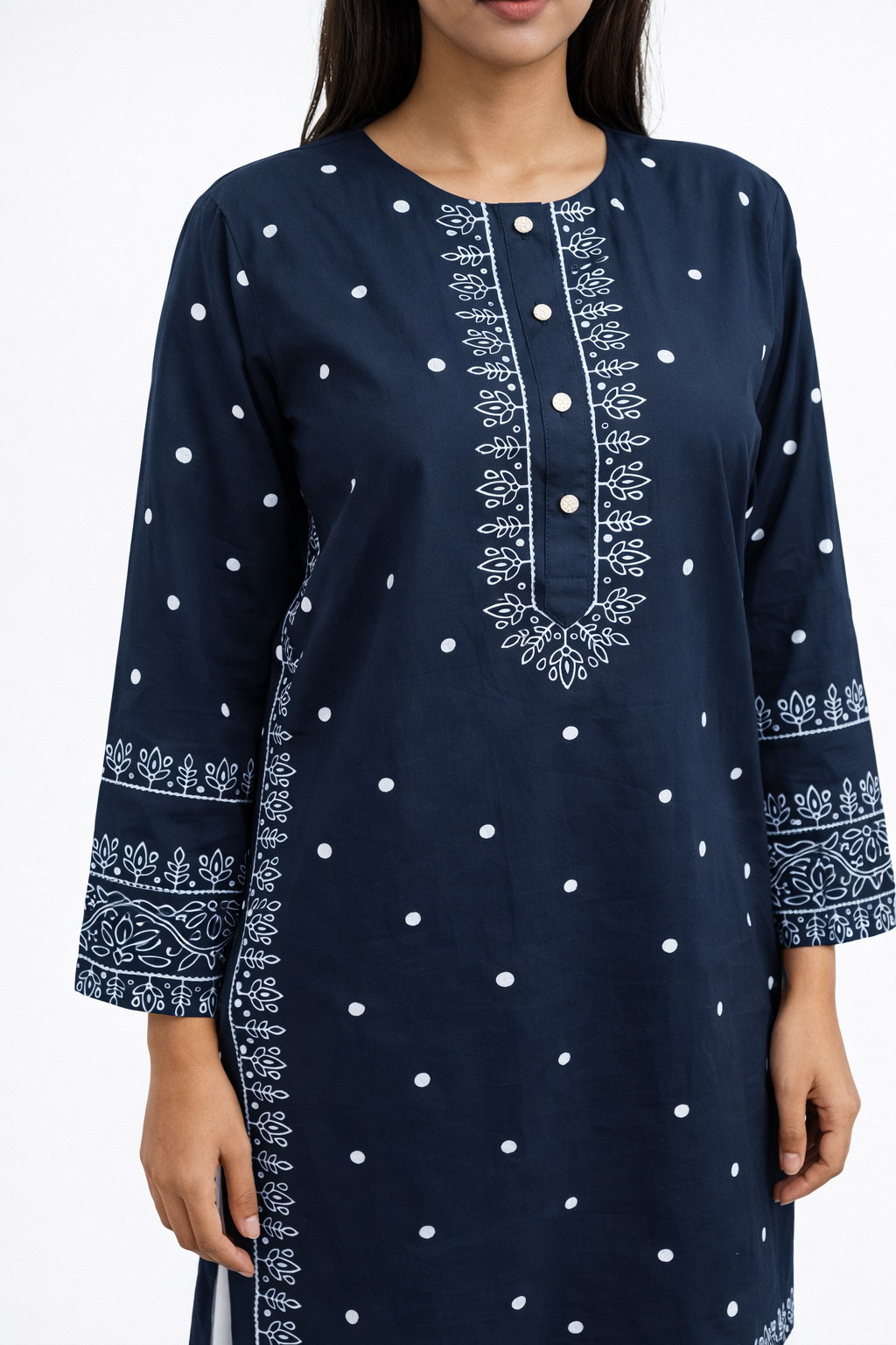 Blue Block Print 3 Piece suit close up shot