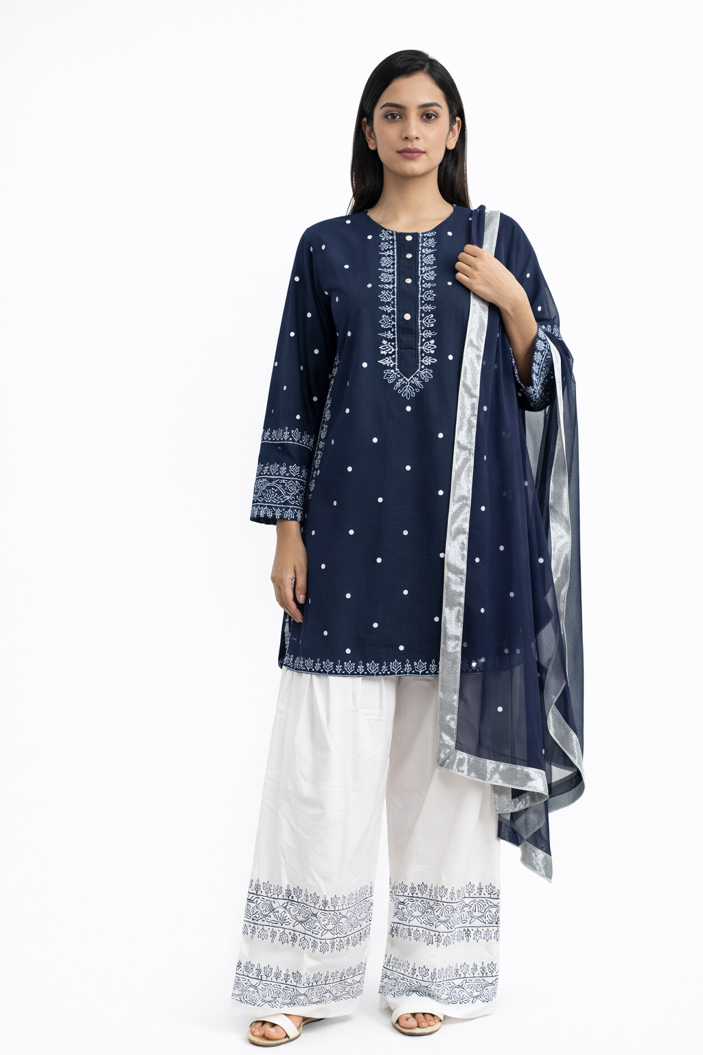 Blue Block Print 3 Piece suit  with dupatta
