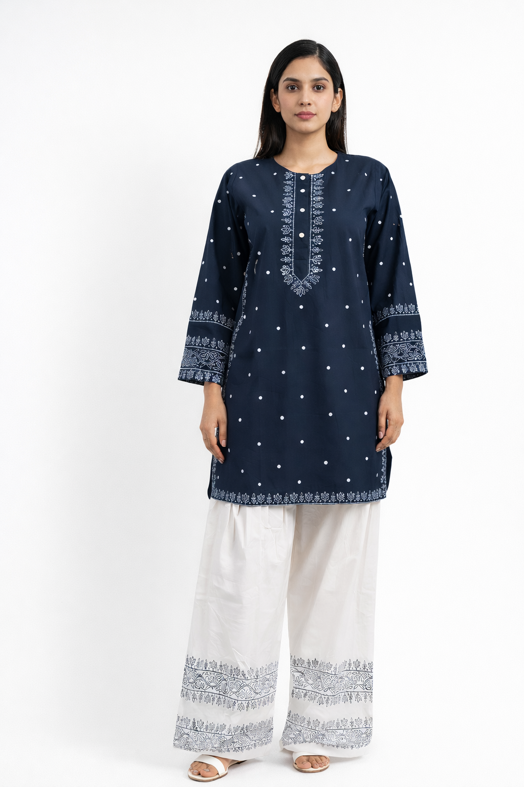 Blue Block Print 3 Piece suit without dupatta