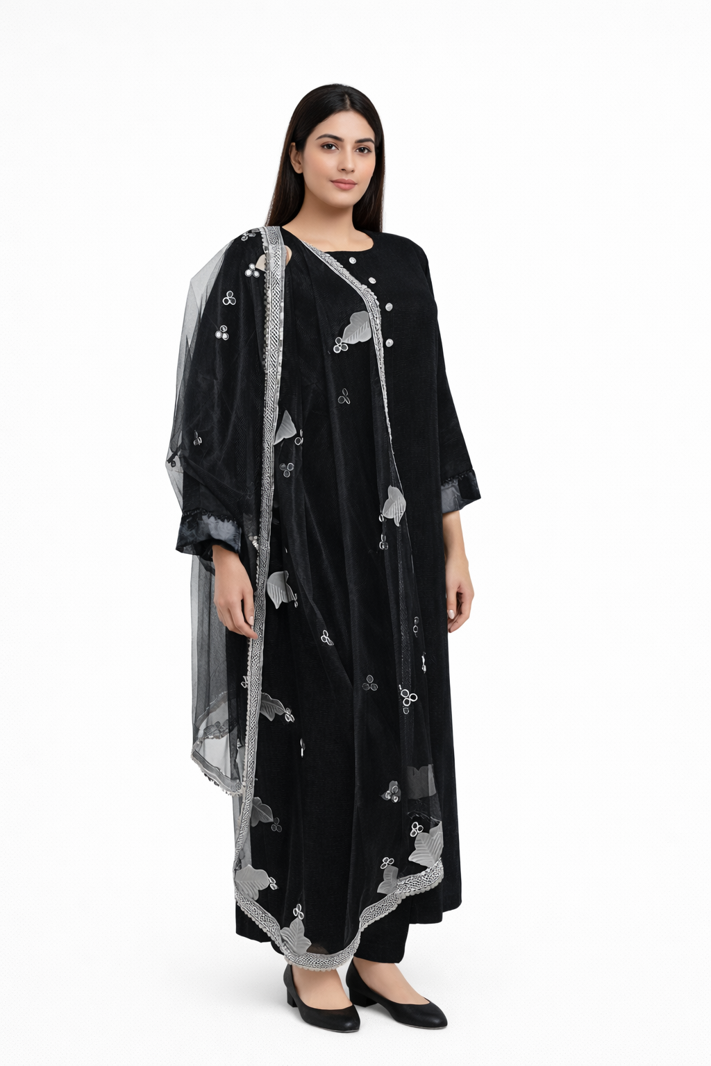 Stitched Black Cotton silk 3 piece