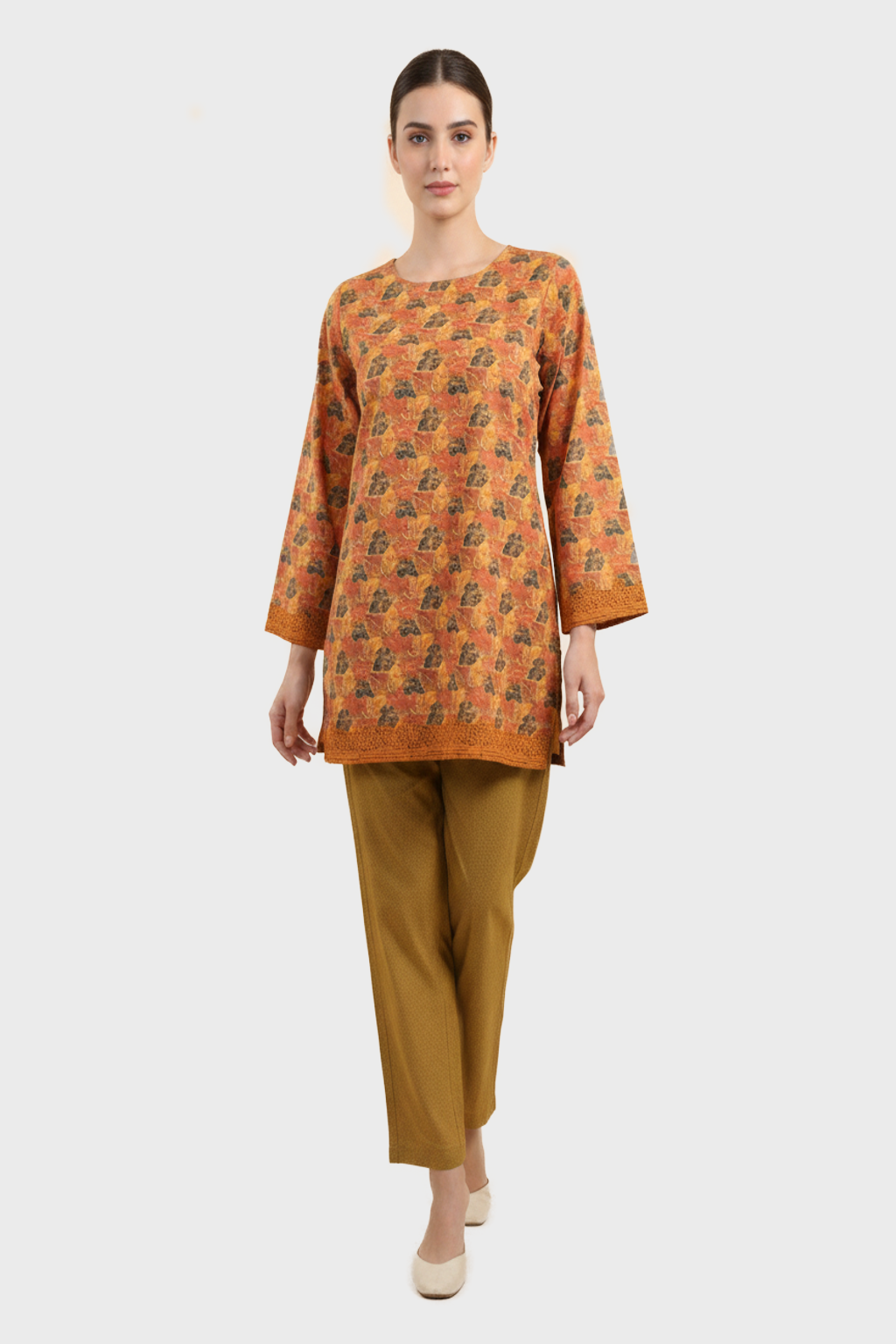 Aamelora Mustard Print Cotton 2-Piece Suit-001