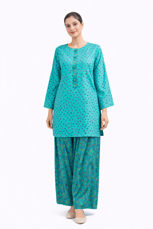 Green short shirt and farshi shalwar