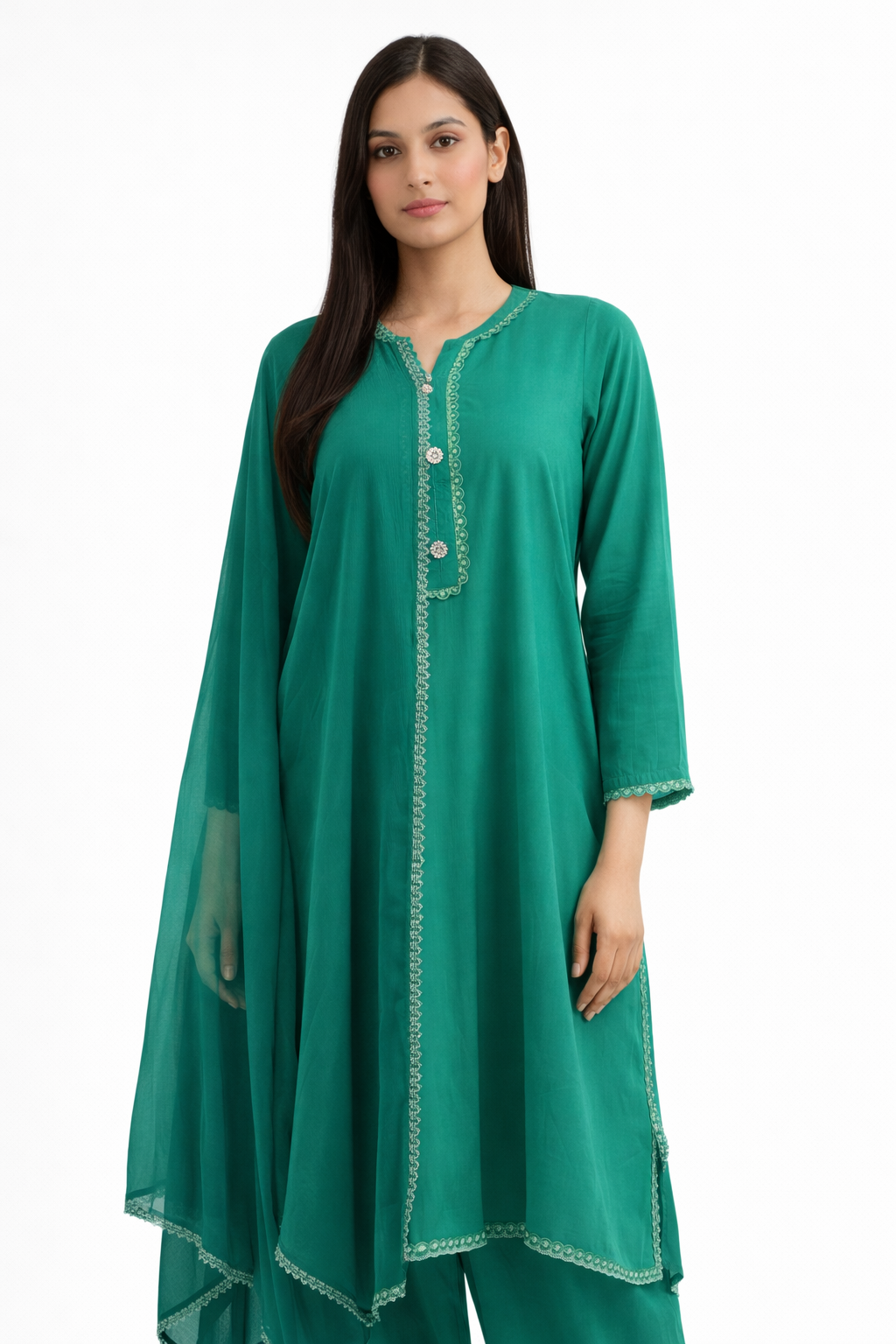 Stiched plain linen set sea green-1