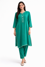 Stiched plain linen set sea green-2