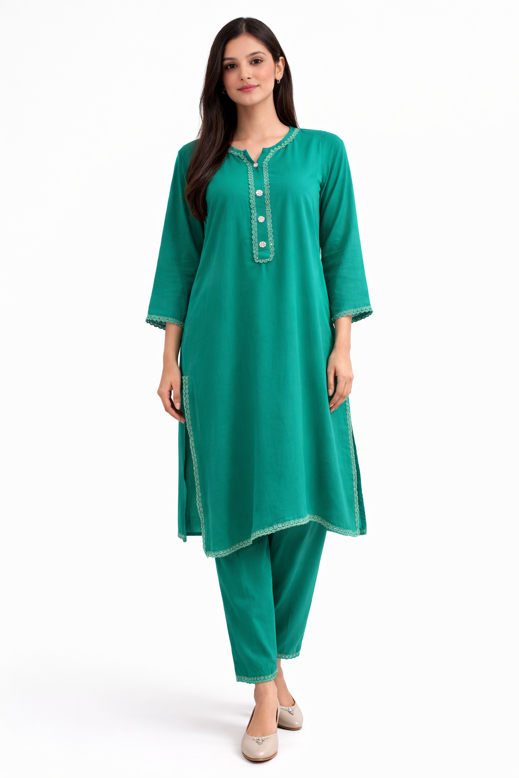 Stiched plain linen set sea green-2