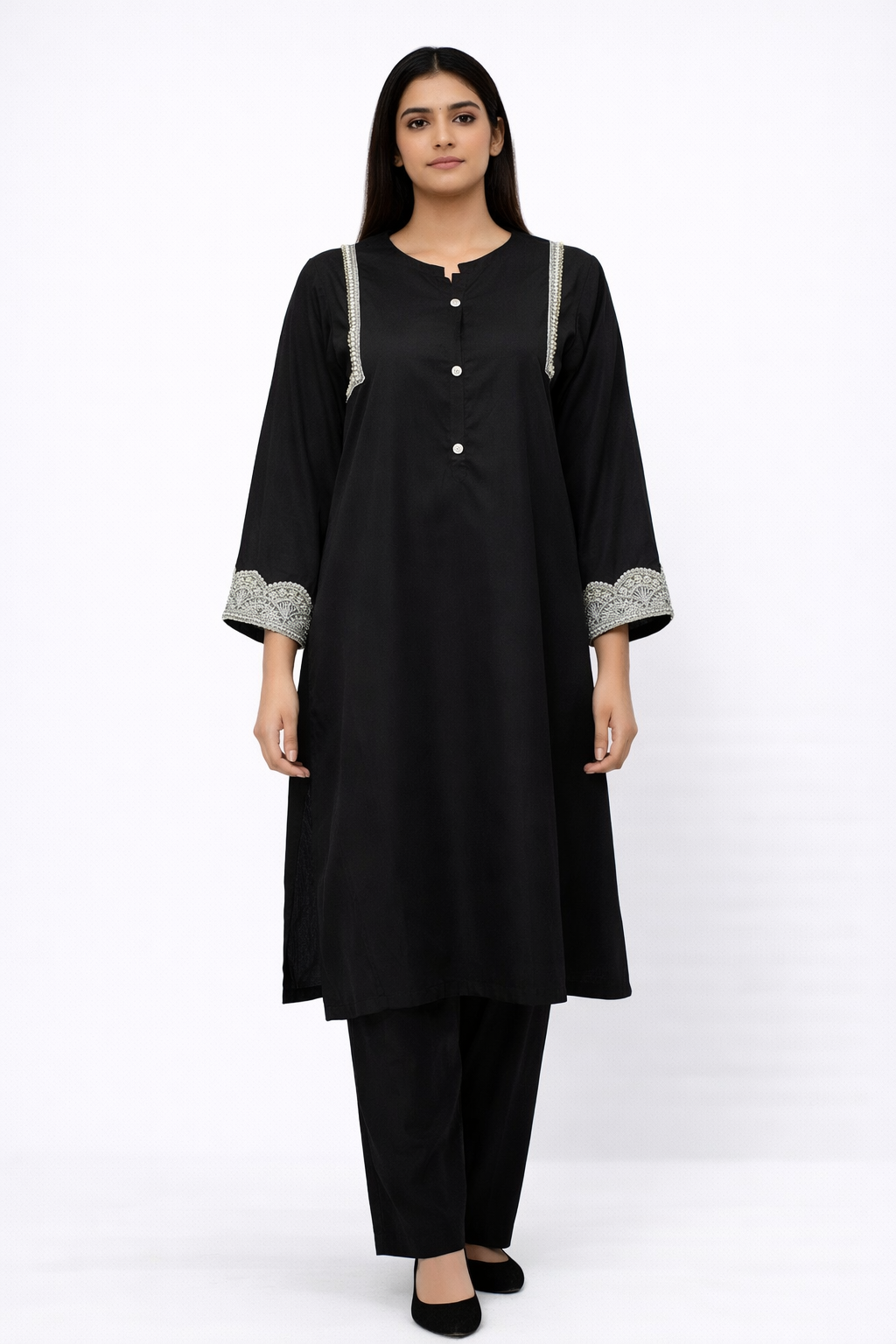 Stitched plain linen 3 piece set-2