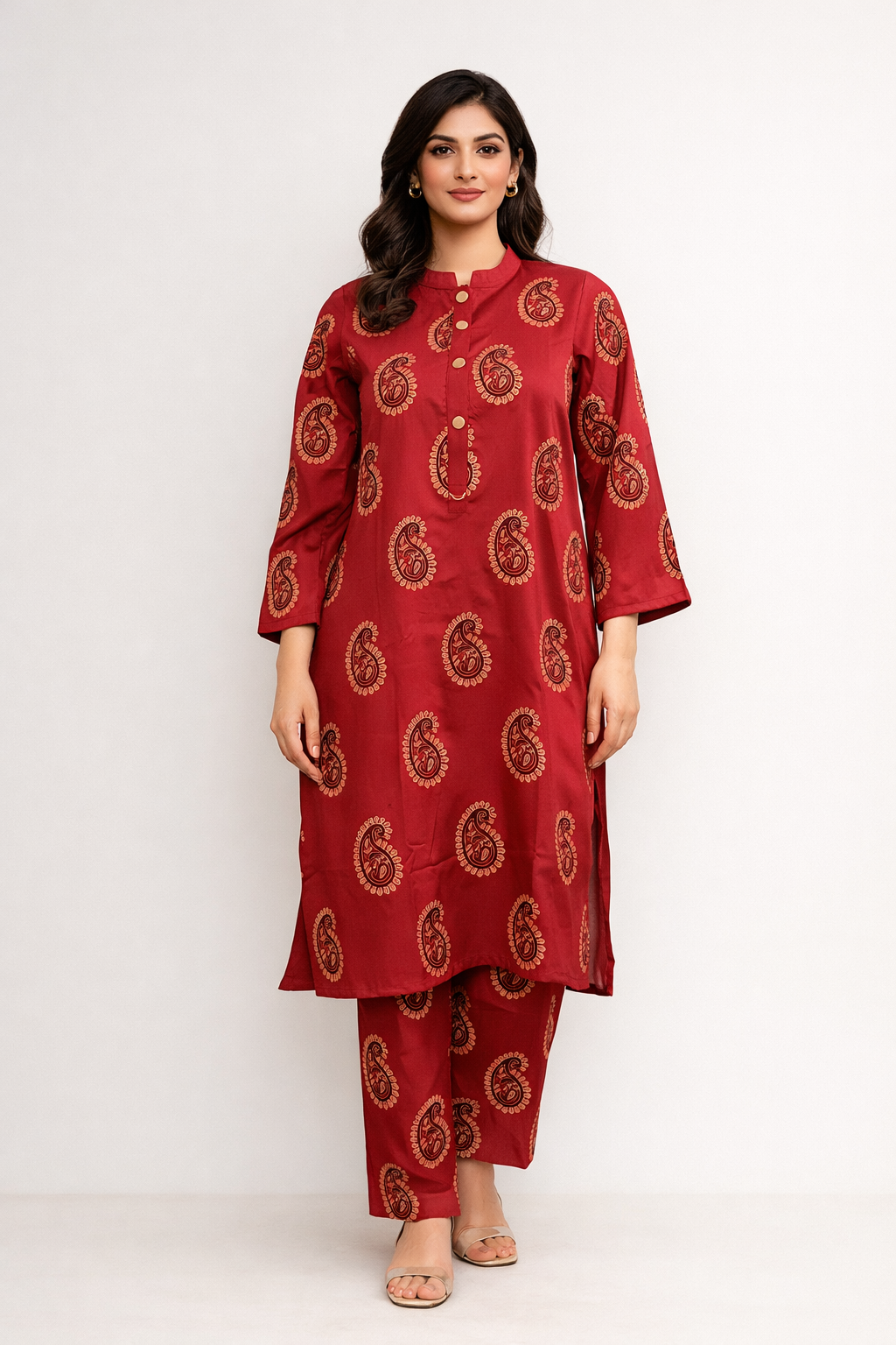 Stitched red bloack print 3 piece suit 