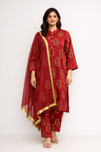 Women 3 piece red block print