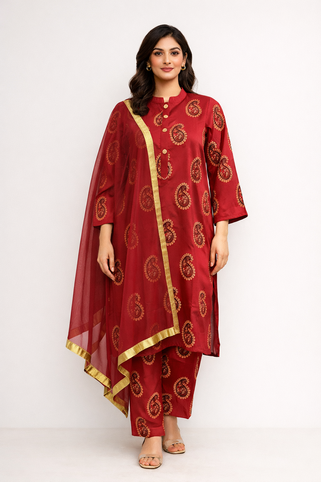 Women 3 piece red block print