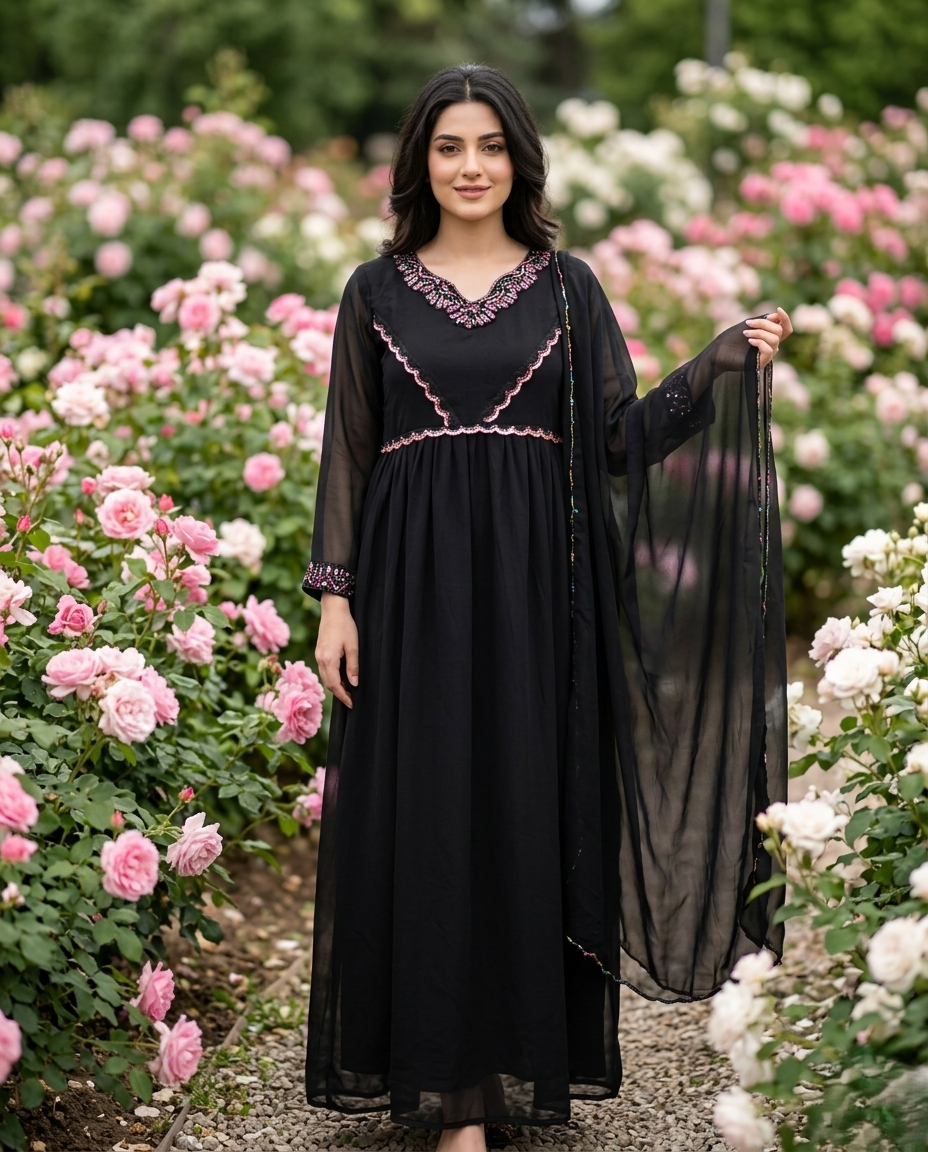 Black chiffon Anarkali 4 piece