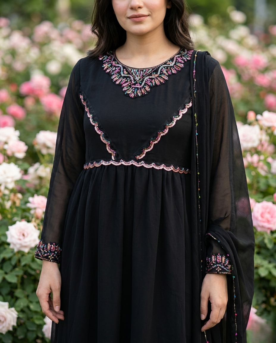 Black chiffon Anarkali 4 piece