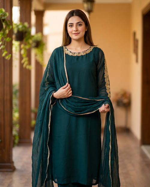 Green Chiffon 4-piece Kurta set