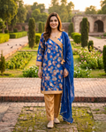 Printed Blue Silk 3 Piece Kurta Set