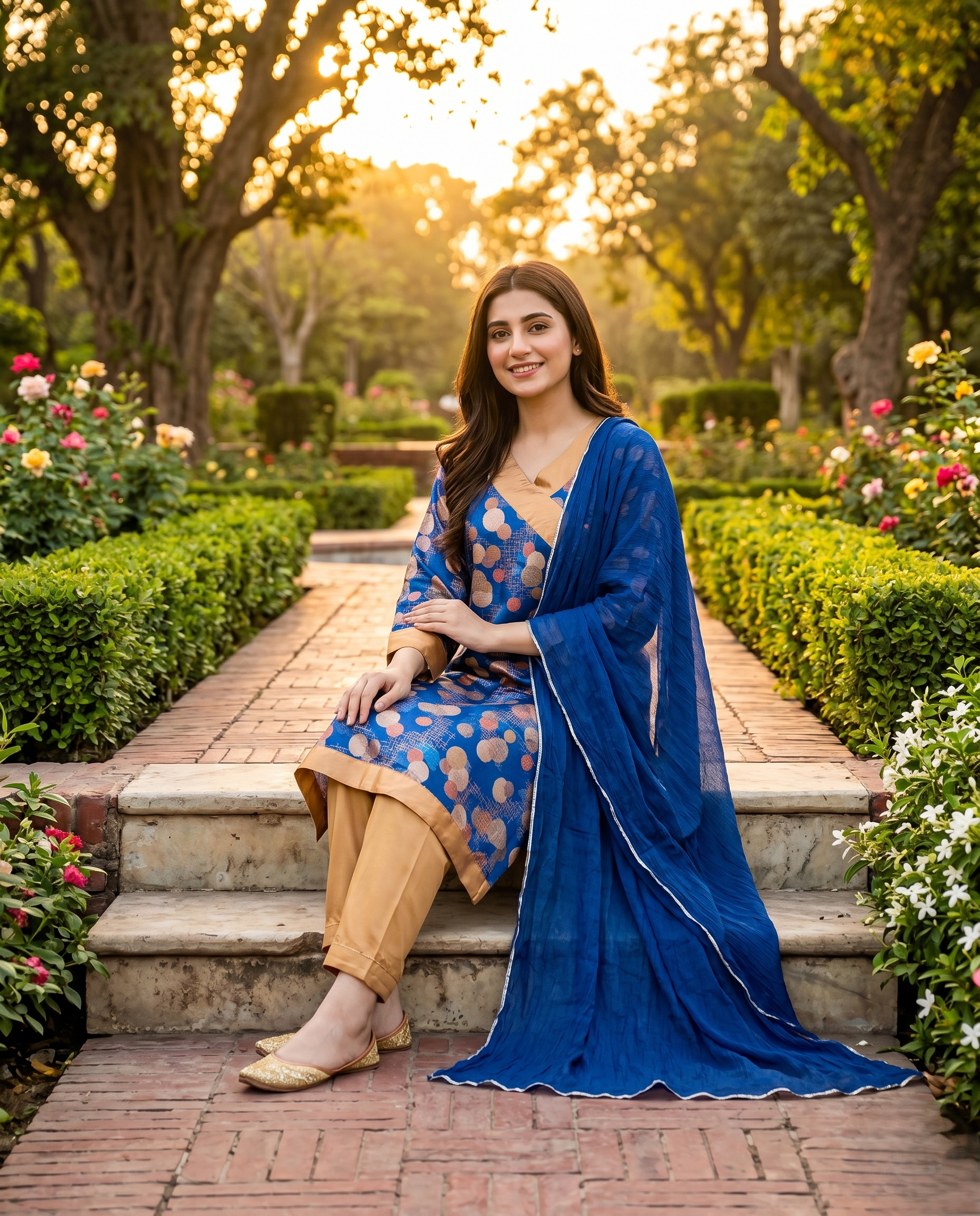 Printed Blue Silk 3 Piece Kurta Set