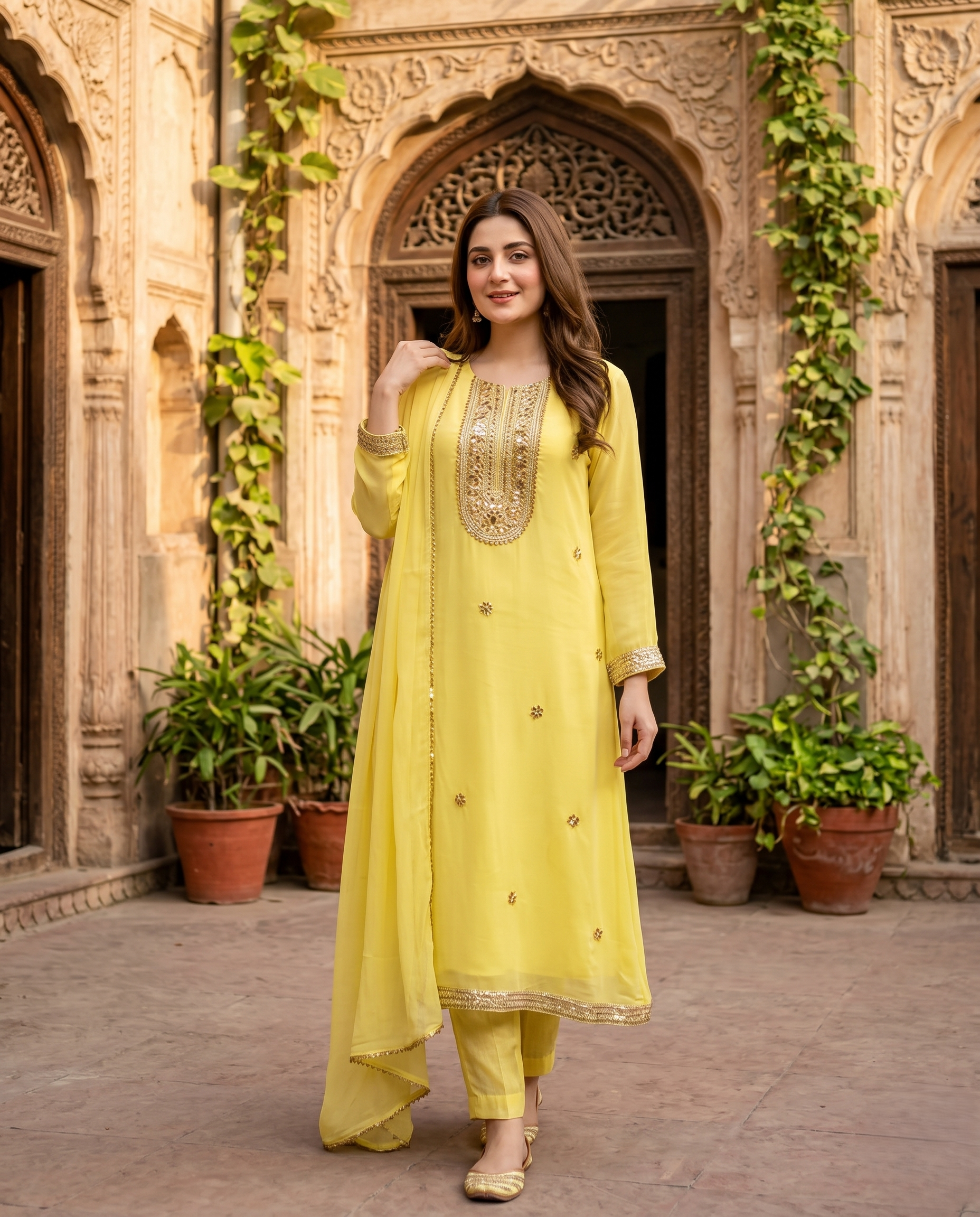 Yellow Chiffon Anarkali 4 Piece Set