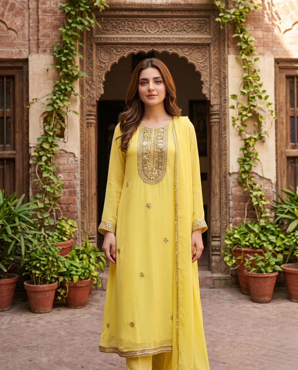 Yellow Chiffon Anarkali 4 Piece Set